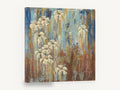 Cream Blooms in Rust Rain, white flowers abstract blue rust painting, floral canvas wall art print ready to hang