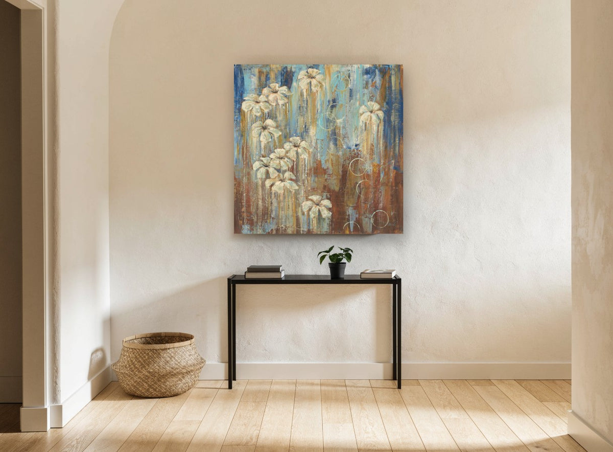 Cream Blooms in Rust Rain floral canvas print on the wall of a hallway