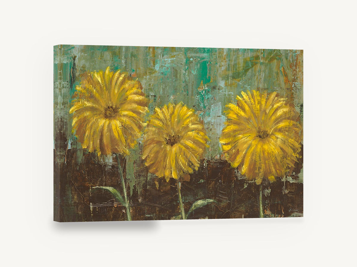 Three Golden Blooms, yellow flowers textured abstract painting, floral canvas wall art print ready to hang