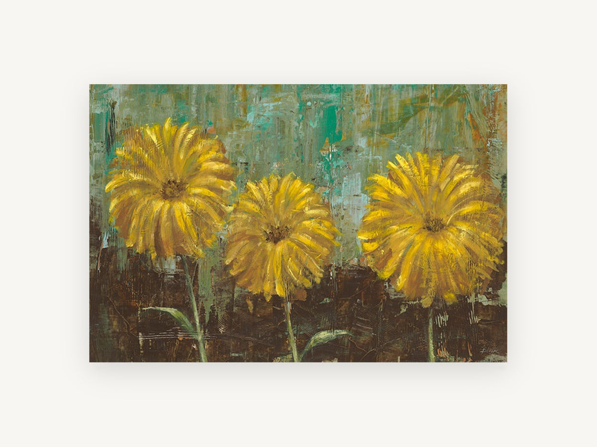 Three Golden Blooms, floral canvas wall art print, front view