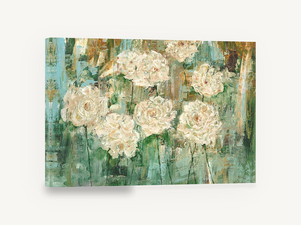 Cream Roses in Teal, white rose textured floral painting, floral canvas wall art print ready to hang