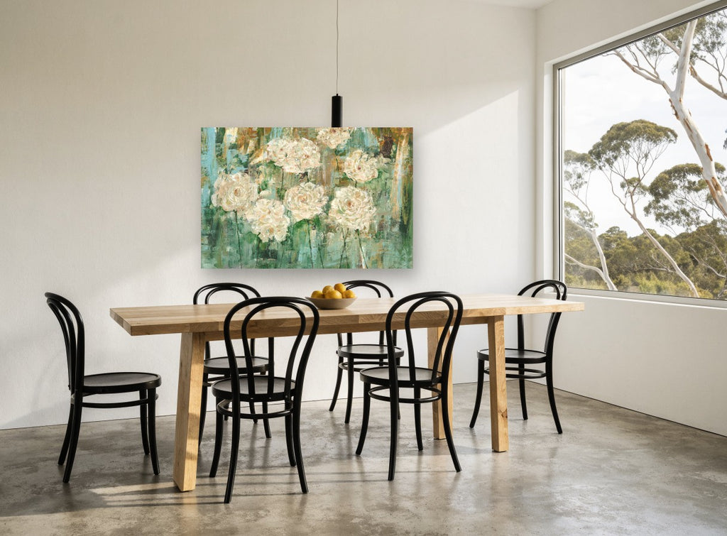 Cream Roses in Teal floral canvas print on the wall of a dining room