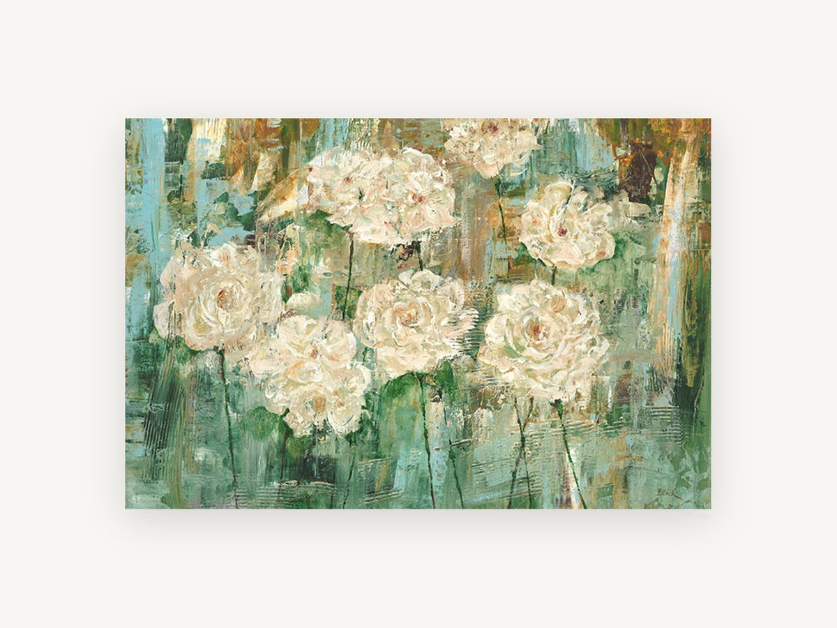 Cream Roses in Teal, floral canvas wall art print, front view