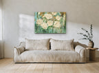 Cream Roses in Teal floral canvas print on the wall of a living room