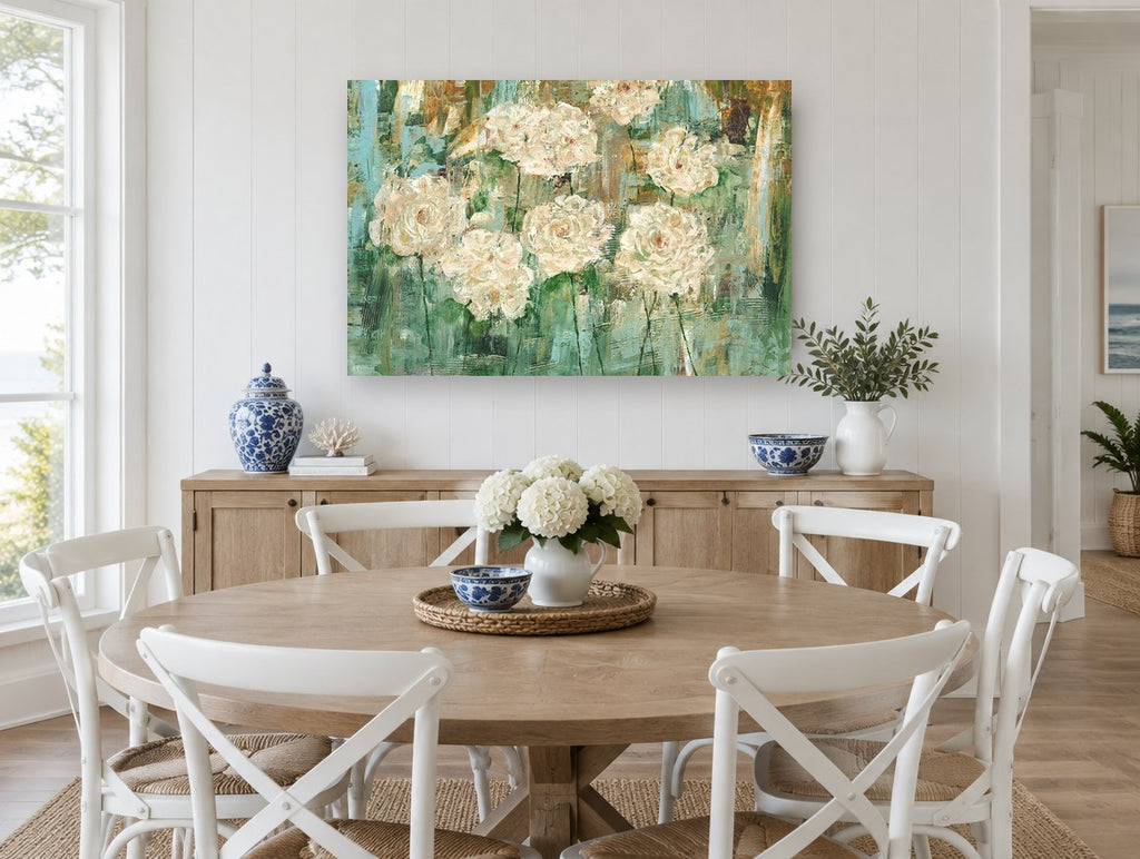 Cream Roses in Teal floral canvas print on the wall of a Hamptons dining room