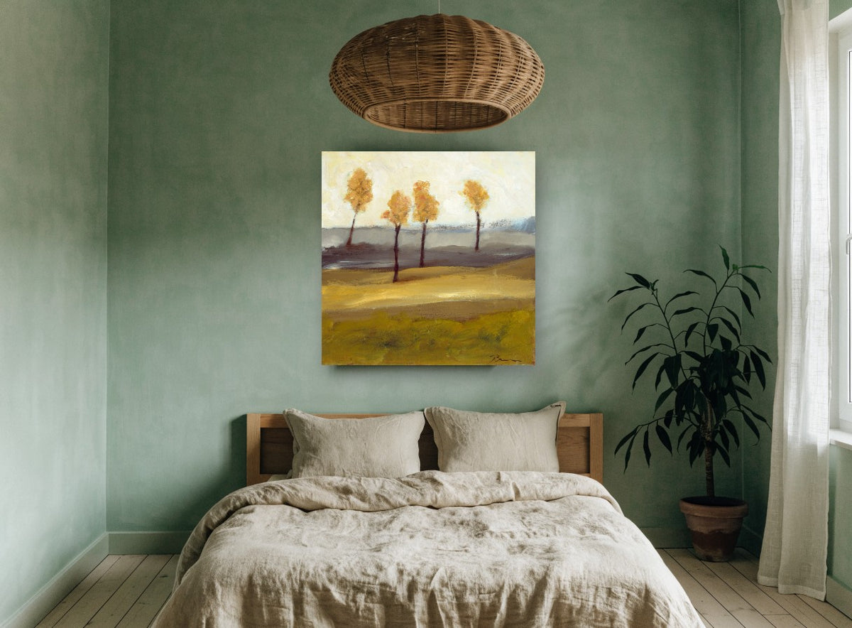 Golden Ridge Sentinels floral canvas print on the wall of a bedroom