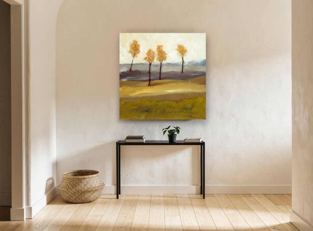 Golden Ridge Sentinels floral canvas print on the wall of a hallway