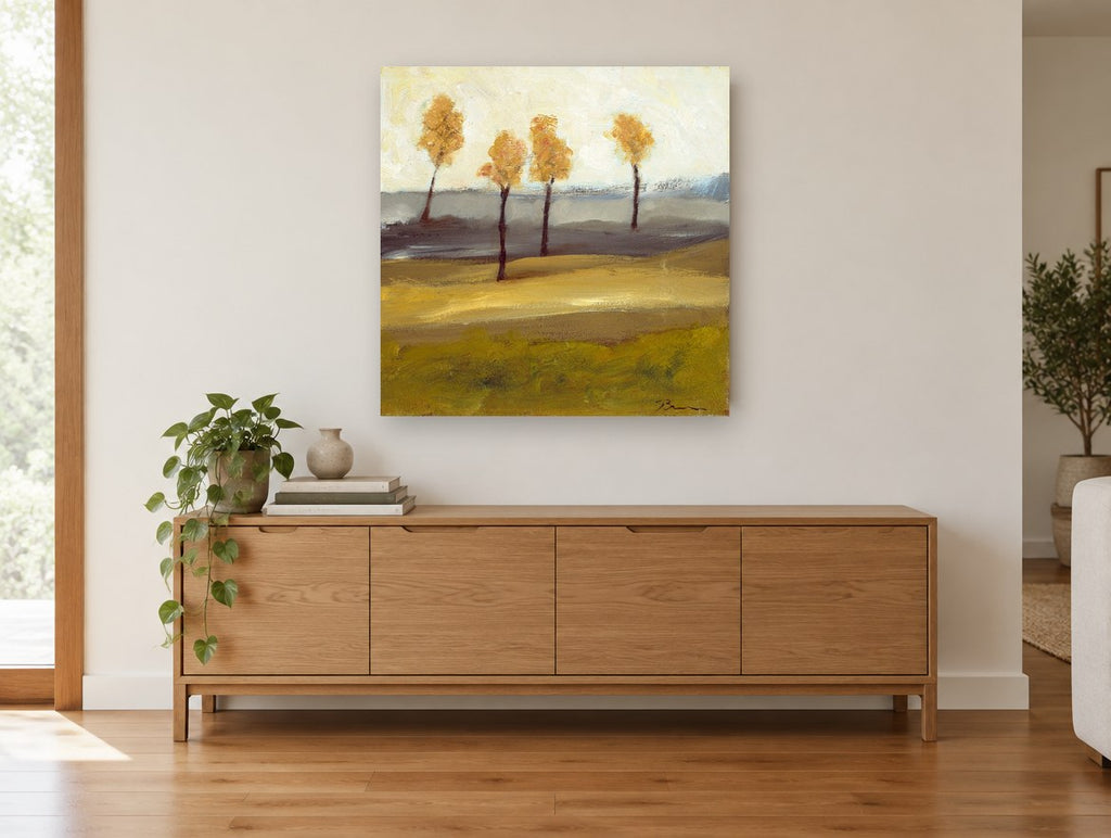 Golden Ridge Sentinels floral canvas print on the wall of a living room above a sideboard