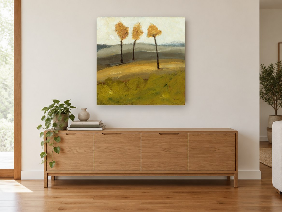 Three Amber Trees floral canvas print on the wall of a living room above a sideboard