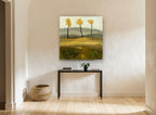 Three Golden Trees floral canvas print on the wall of a hallway