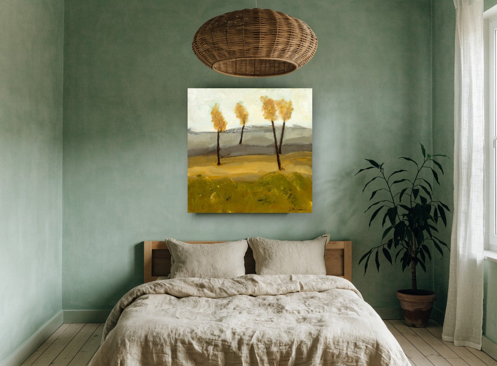 Four Golden Trees floral canvas print on the wall of a bedroom