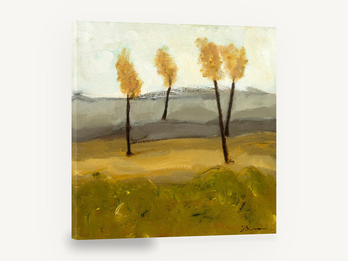 Four Golden Trees, autumn trees landscape painting yellow, floral canvas wall art print ready to hang