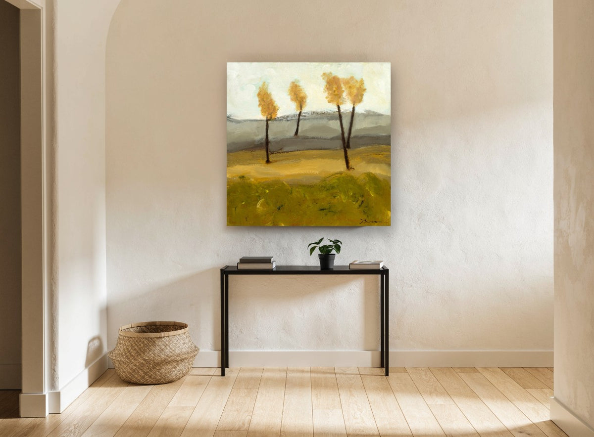Four Golden Trees floral canvas print on the wall of a hallway
