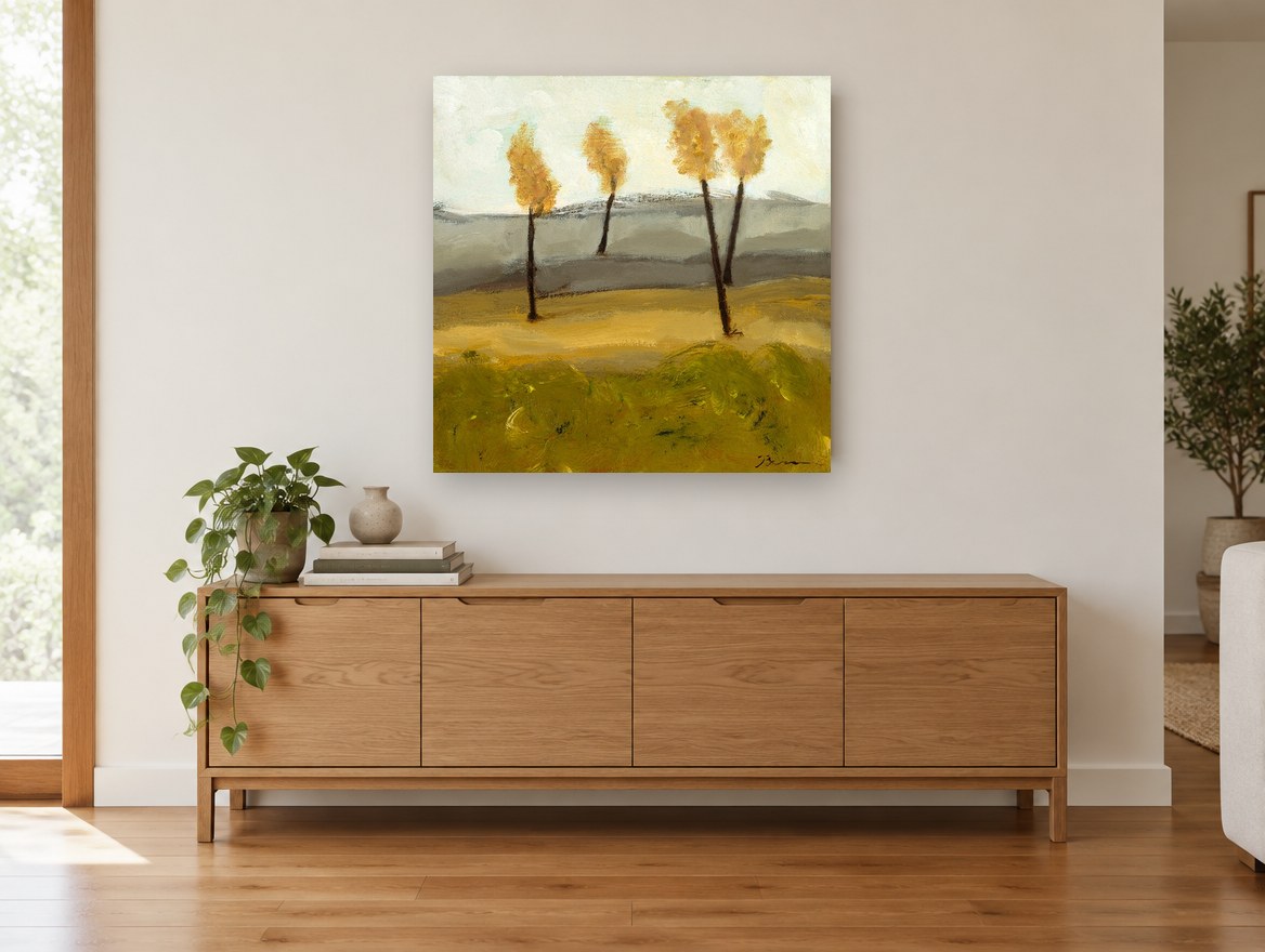 Four Golden Trees floral canvas print on the wall of a living room above a sideboard