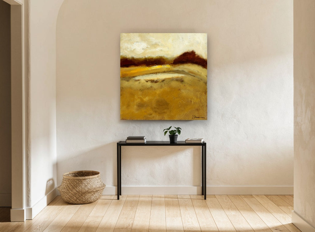 Golden Field Dusk floral canvas print on the wall of a hallway