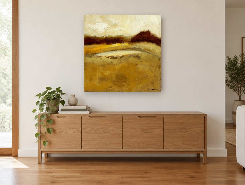 Golden Field Dusk floral canvas print on the wall of a living room above a sideboard