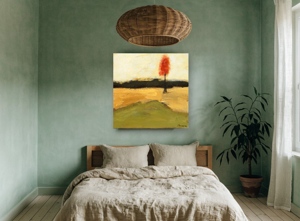 Lone Red Tree floral canvas print on the wall of a bedroom