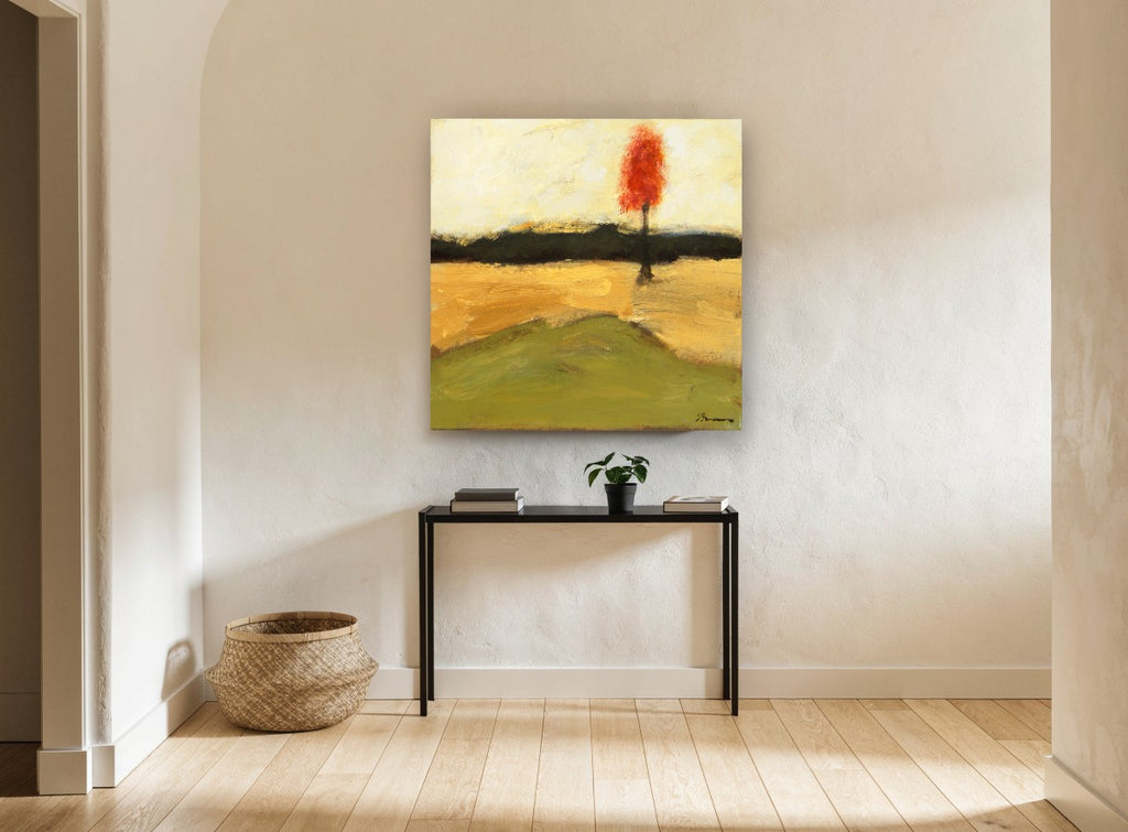 Lone Red Tree floral canvas print on the wall of a hallway