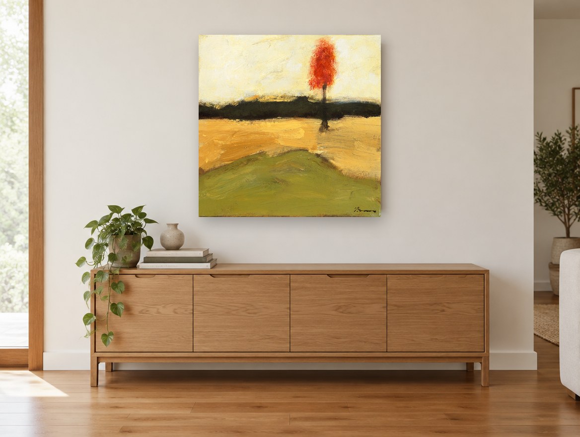 Lone Red Tree floral canvas print on the wall of a living room above a sideboard
