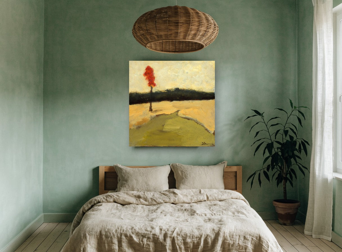 Ember Tree Golden Meadow floral canvas print on the wall of a bedroom