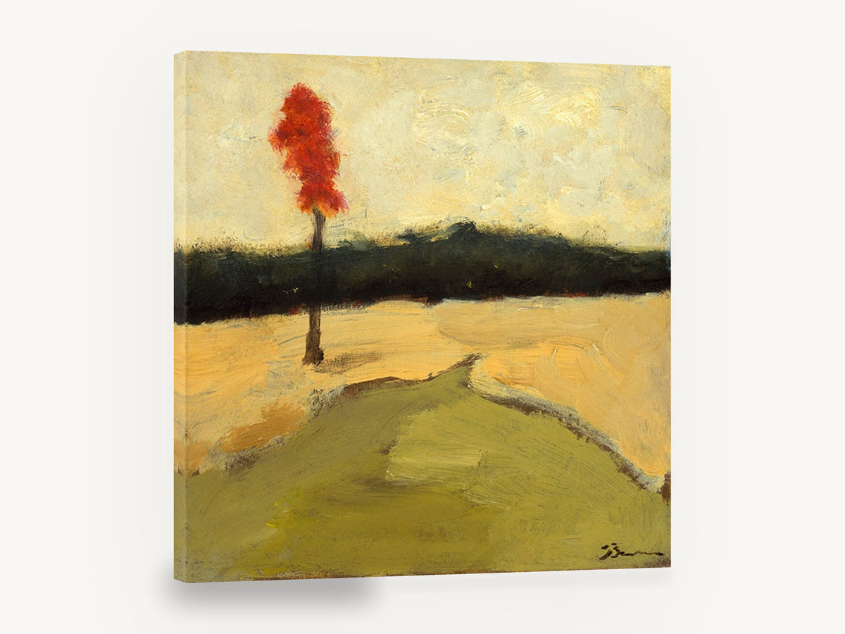 Ember Tree Golden Meadow, lone red tree autumn landscape painting, floral canvas wall art print ready to hang