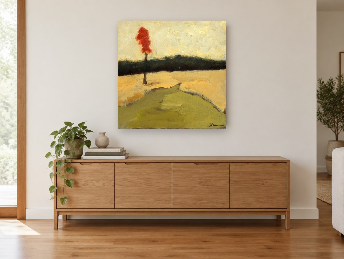 Ember Tree Golden Meadow floral canvas print on the wall of a living room above a sideboard