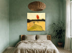 Lone Red Tree floral canvas print on the wall of a bedroom