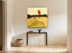 Lone Red Tree floral canvas print on the wall of a hallway