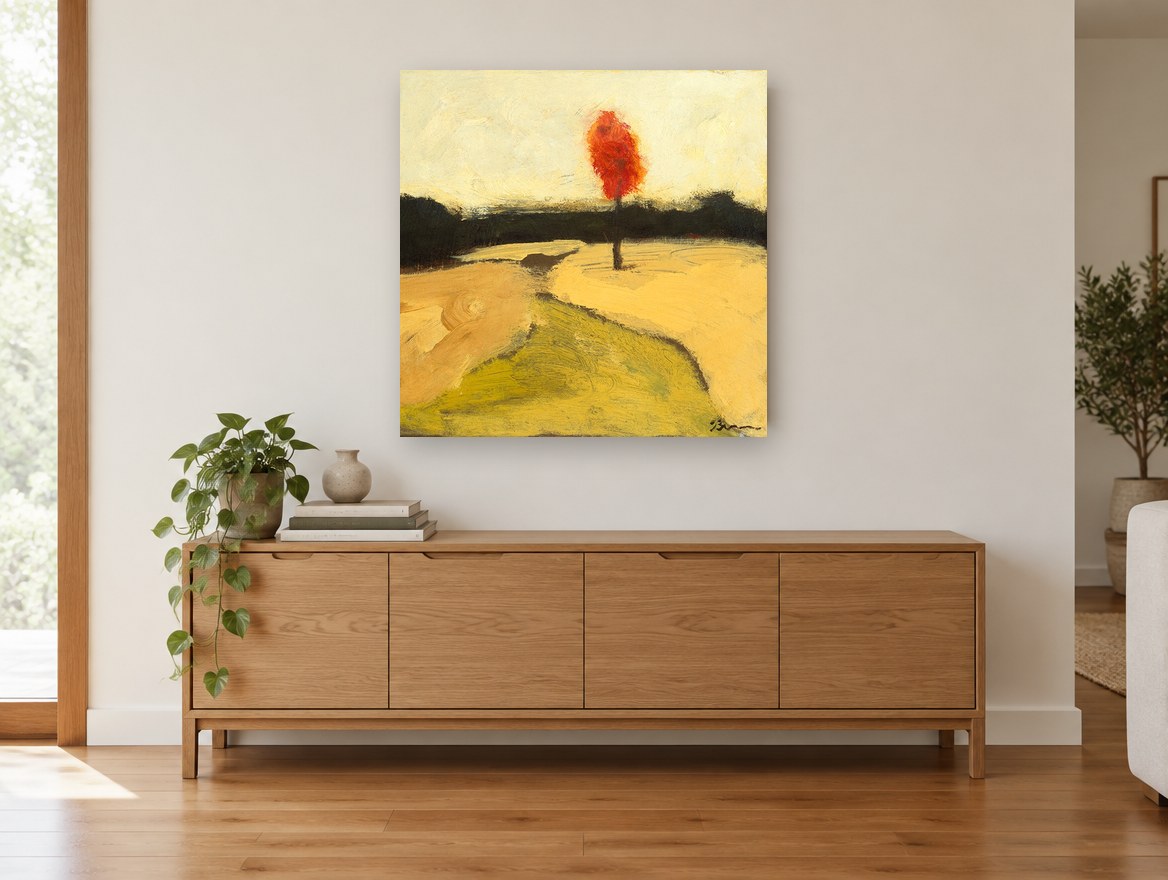 Lone Red Tree floral canvas print on the wall of a living room above a sideboard