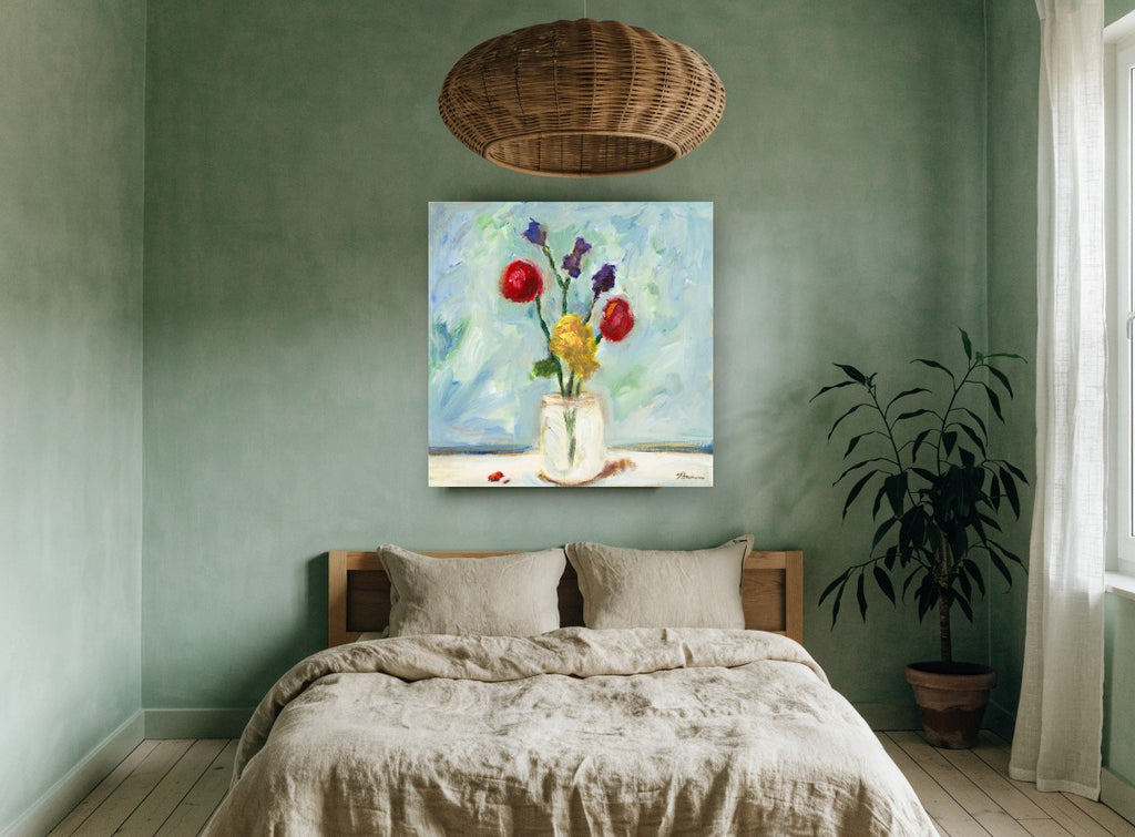Bright Blooms in Glass floral canvas print on the wall of a bedroom