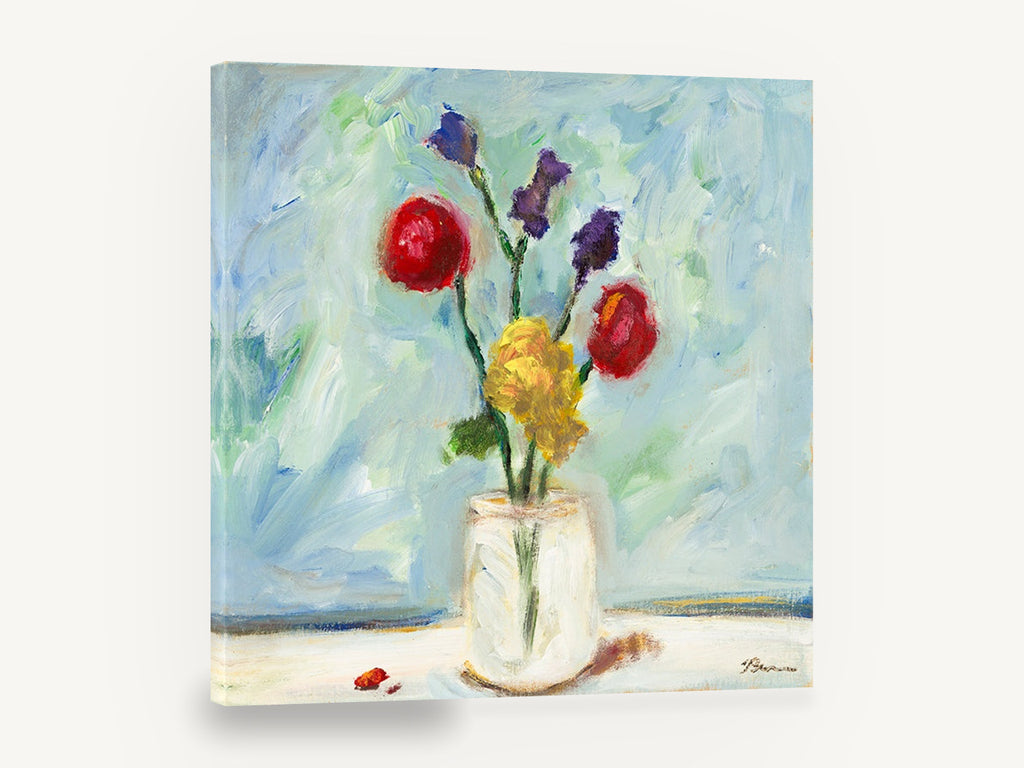 Bright Blooms in Glass, red yellow flowers in vase painting, floral canvas wall art print ready to hang