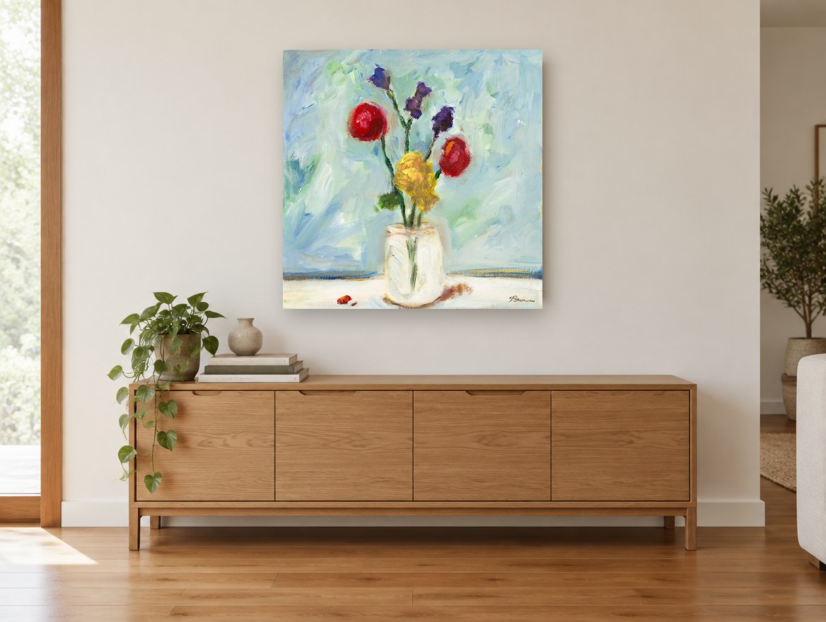 Bright Blooms in Glass floral canvas print on the wall of a living room above a sideboard