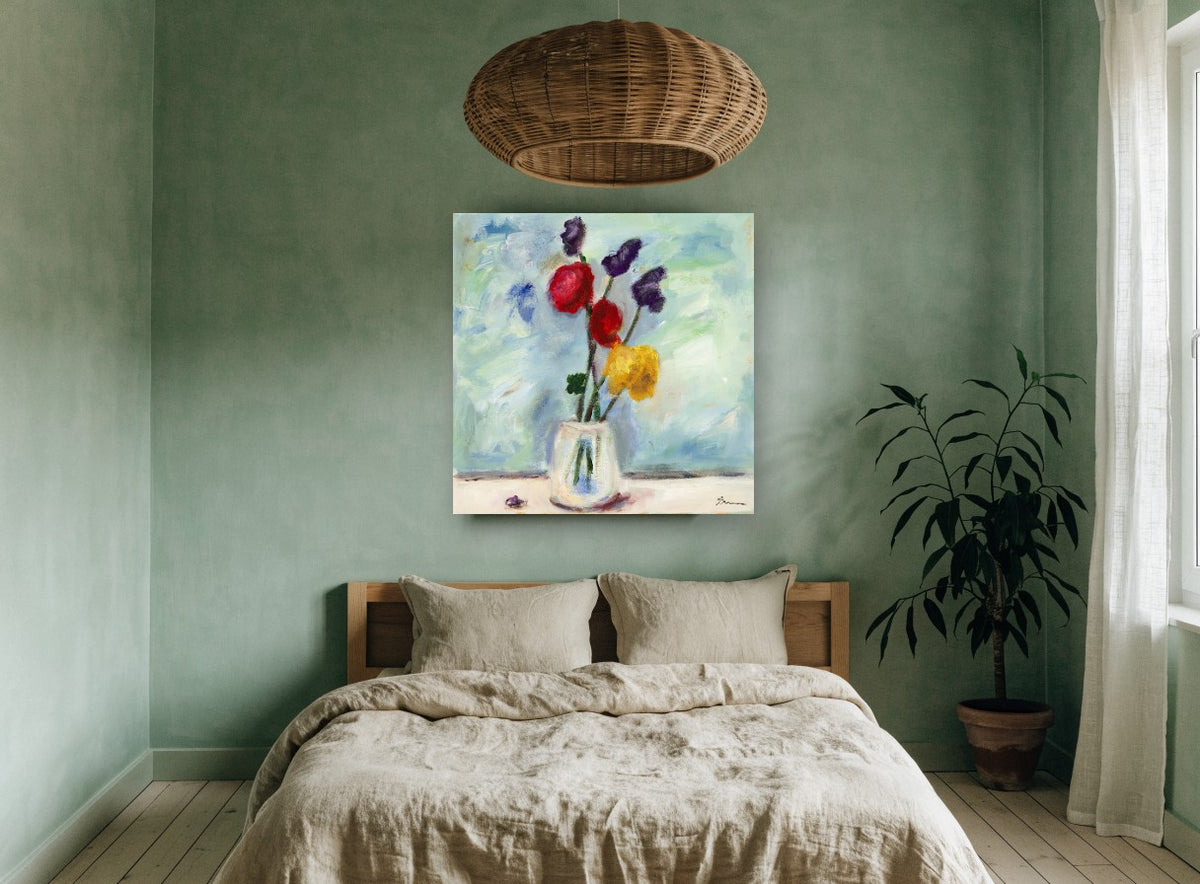 Jar of Bright Ranunculus floral canvas print on the wall of a bedroom