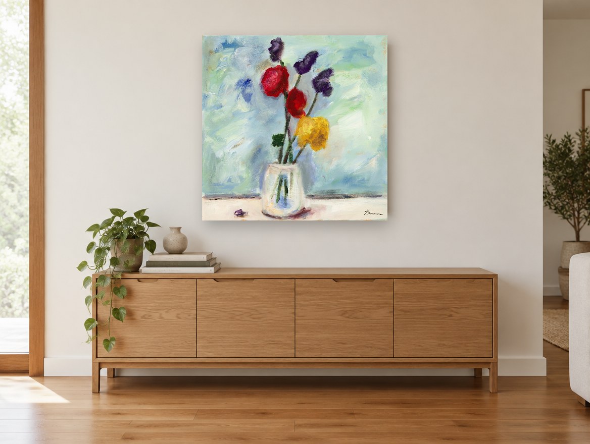 Jar of Bright Ranunculus floral canvas print on the wall of a living room above a sideboard