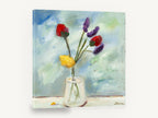 Bright Blooms in Glass, red yellow purple flowers in glass vase painting, floral canvas wall art print ready to hang