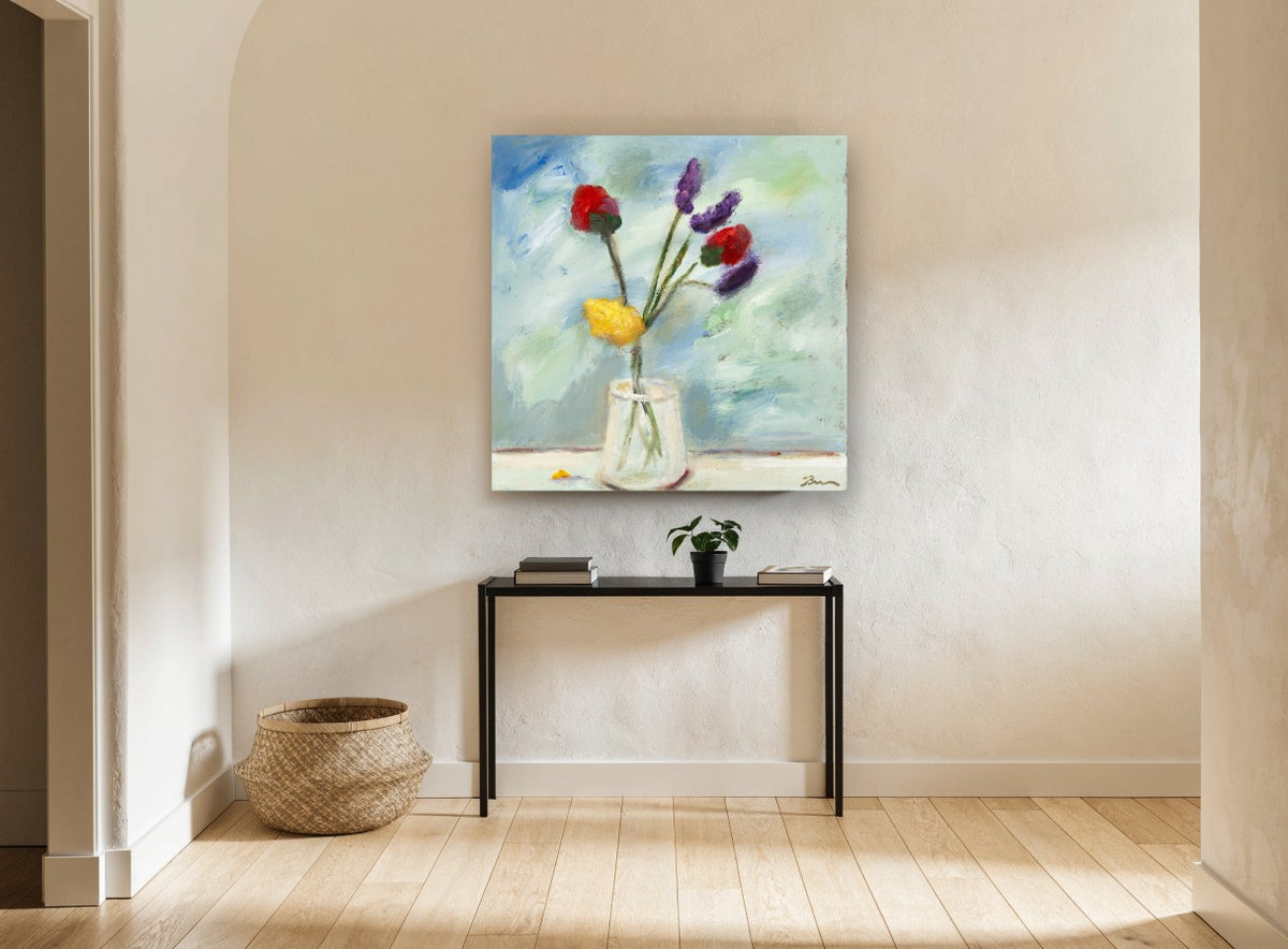 Bright Blooms in Glass floral canvas print on the wall of a hallway