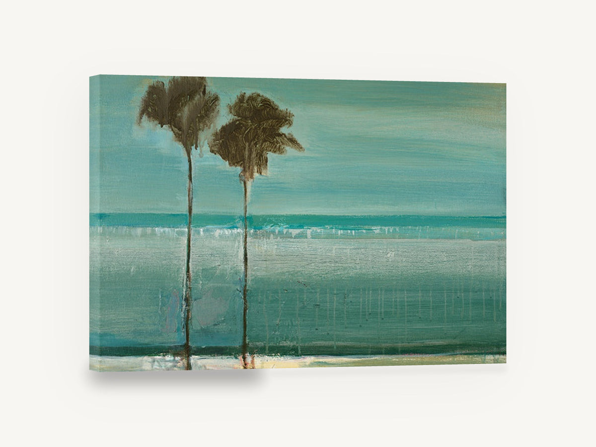 Twin Palms Teal Shore, twin palms teal ocean painting, coastal canvas wall art print ready to hang