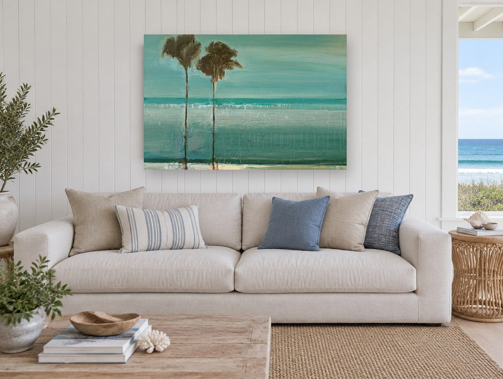 Twin Palms Teal Shore coastal canvas print on the wall of a beach house living room