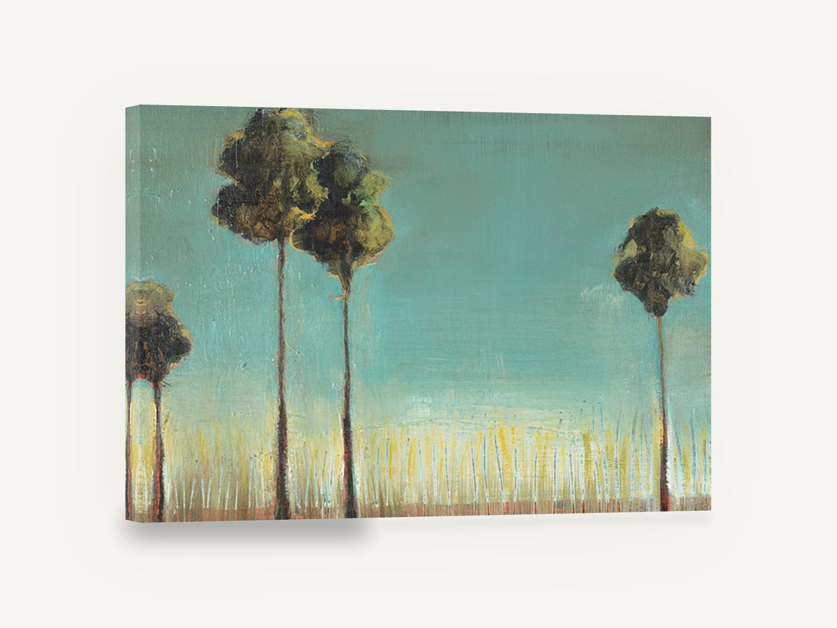 Tall Trees Teal Sky, tall slender trees teal sky painting, floral canvas wall art print ready to hang