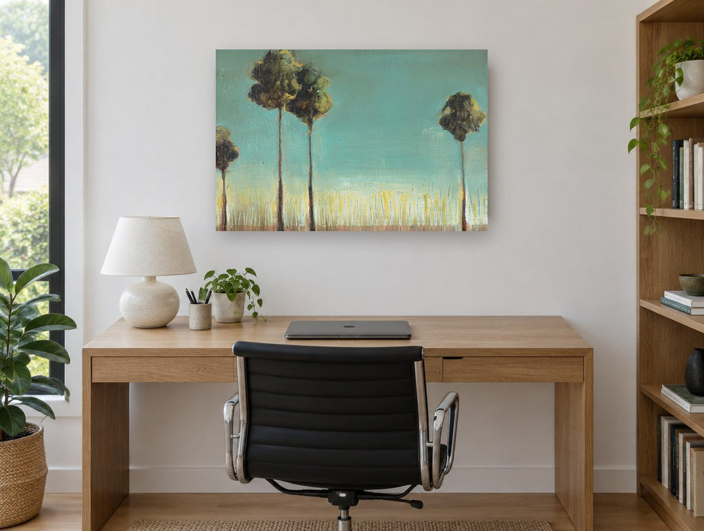 Tall Trees Teal Sky floral canvas print on the wall of a study