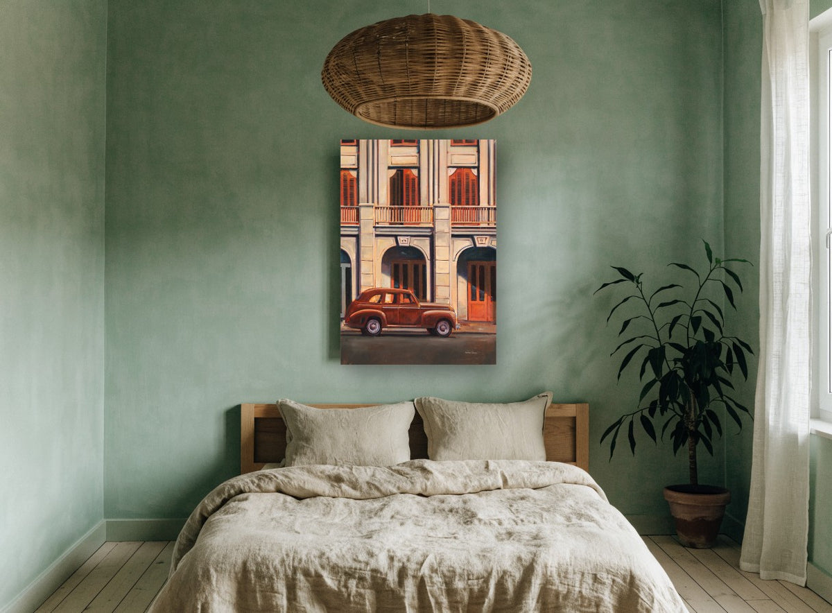 Rust Car Under Arches vintage canvas print on the wall of a bedroom
