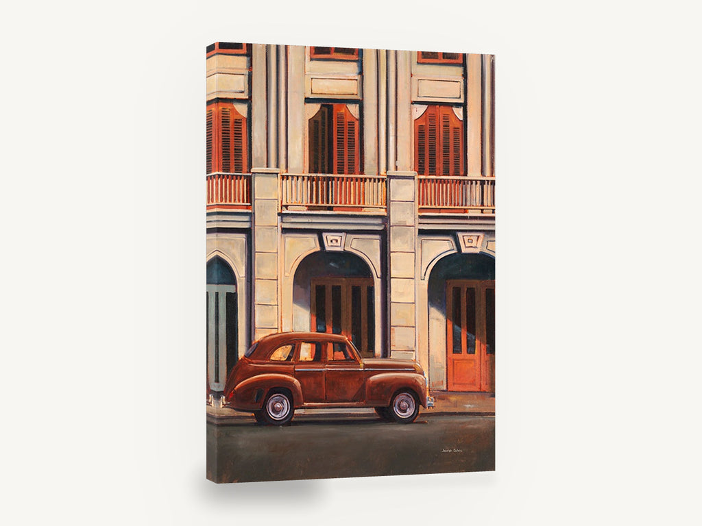 Rust Car Under Arches, retro classic car street scene, stretched canvas wall art print ready to hang