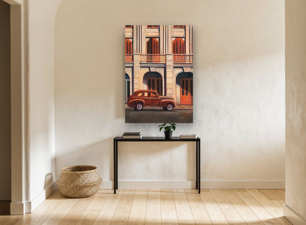 Rust Car Under Arches vintage canvas print on the wall of a hallway