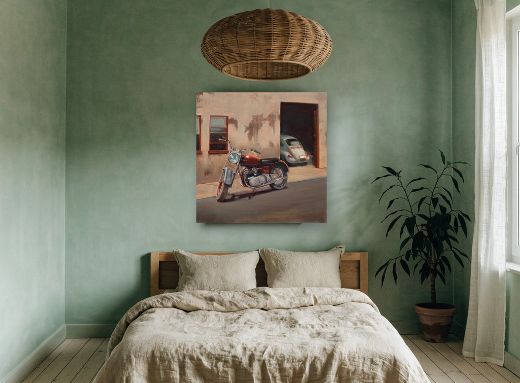 Motorbike and Beetle vintage canvas print on the wall of a bedroom