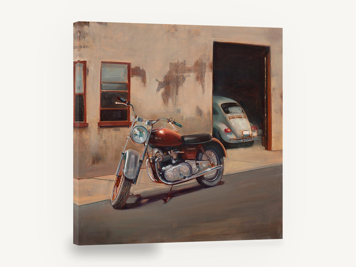 Motorbike and Beetle, vintage motorcycle and vw beetle garage, stretched canvas wall art print ready to hang