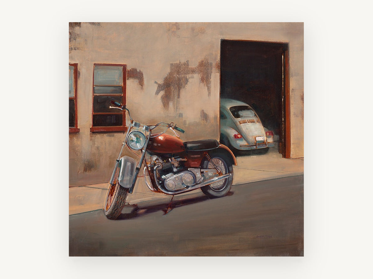 Motorbike and Beetle, vintage canvas wall art print, front view