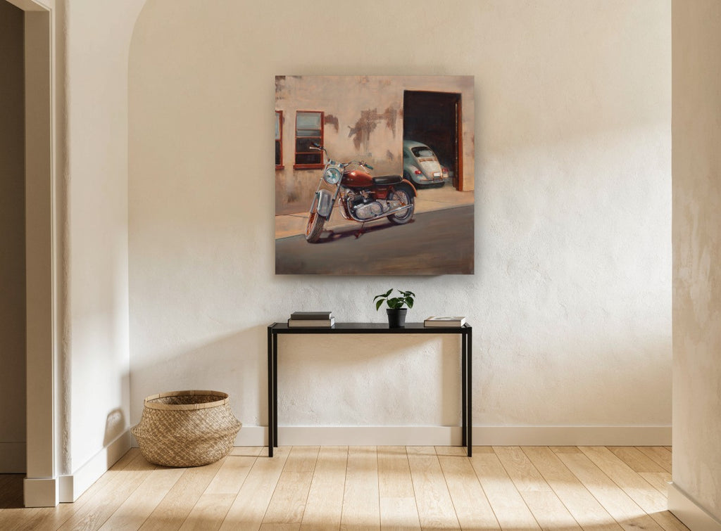 Motorbike and Beetle vintage canvas print on the wall of a hallway