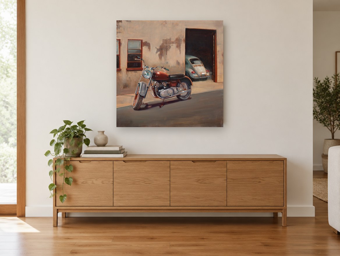 Motorbike and Beetle vintage canvas print on the wall of a living room above a sideboard
