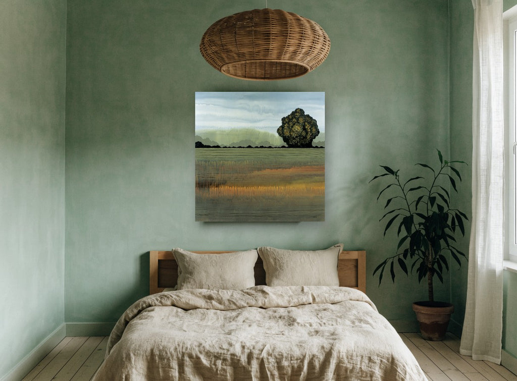 Lone Tree Green Field floral canvas print on the wall of a bedroom