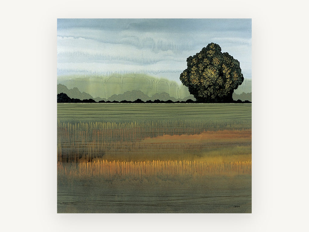 Lone Tree Green Field, floral canvas wall art print, front view